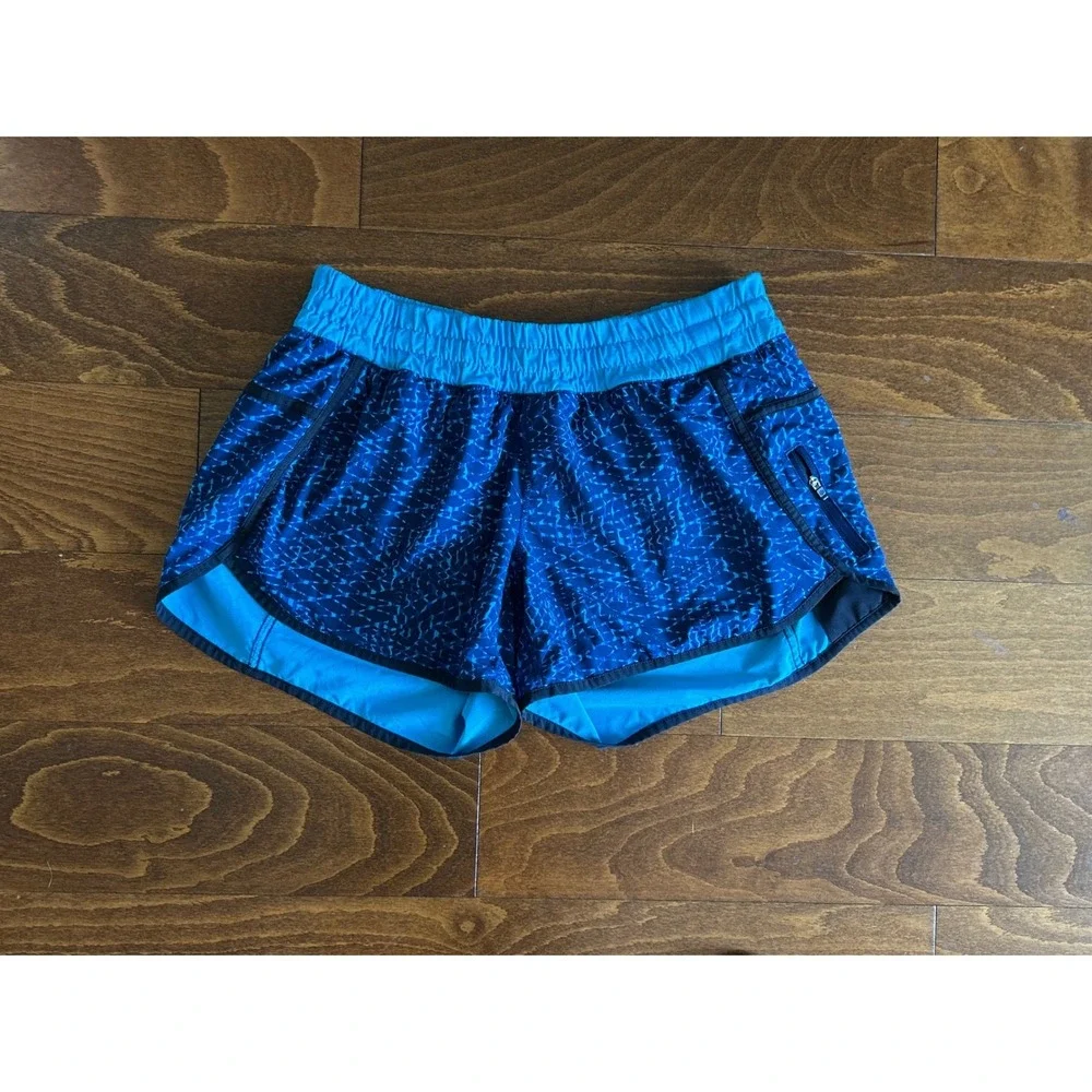 Lululemon Run Speed Shorts Blue Geometric Pattern Turquoise‎ Waistband Size 10
